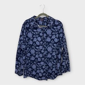 Roaman’s Navy Paisley Button Front Shirt Boho Chic Officewear Plus Size 20W